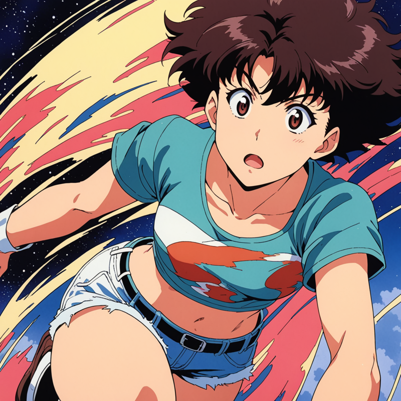 31073607-684726996372601-80's anime screencap, girl wearing a cropped top and short shorts, artistic rendition with wide brush strokes, anime comic.png